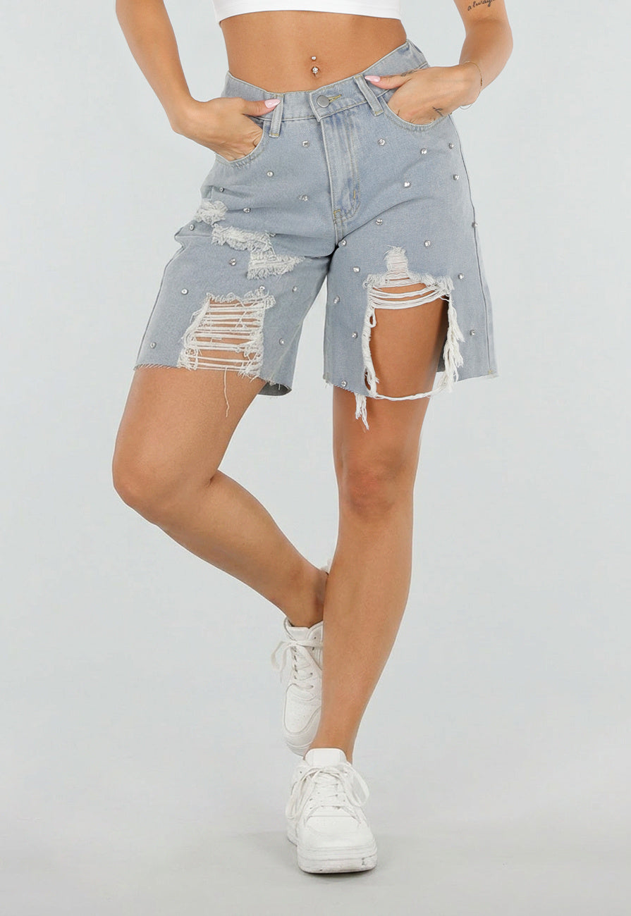 Lichtblauwe Denim Bermuda Shorts met Strass en Destroyed Details Voor Dames