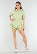 Lichtgroene Set met Kraagshirt en Gelaagde Rucheshort