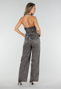 Zwarte Denim Two Piece Set met Halter Gilet en Wide Leg Jeans Voor Dames