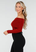 Off Shoulder Glitter Top met Lange Mouwen in Rood