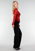 Rode Kanten Mesh Top met Lange Mouwen en Col