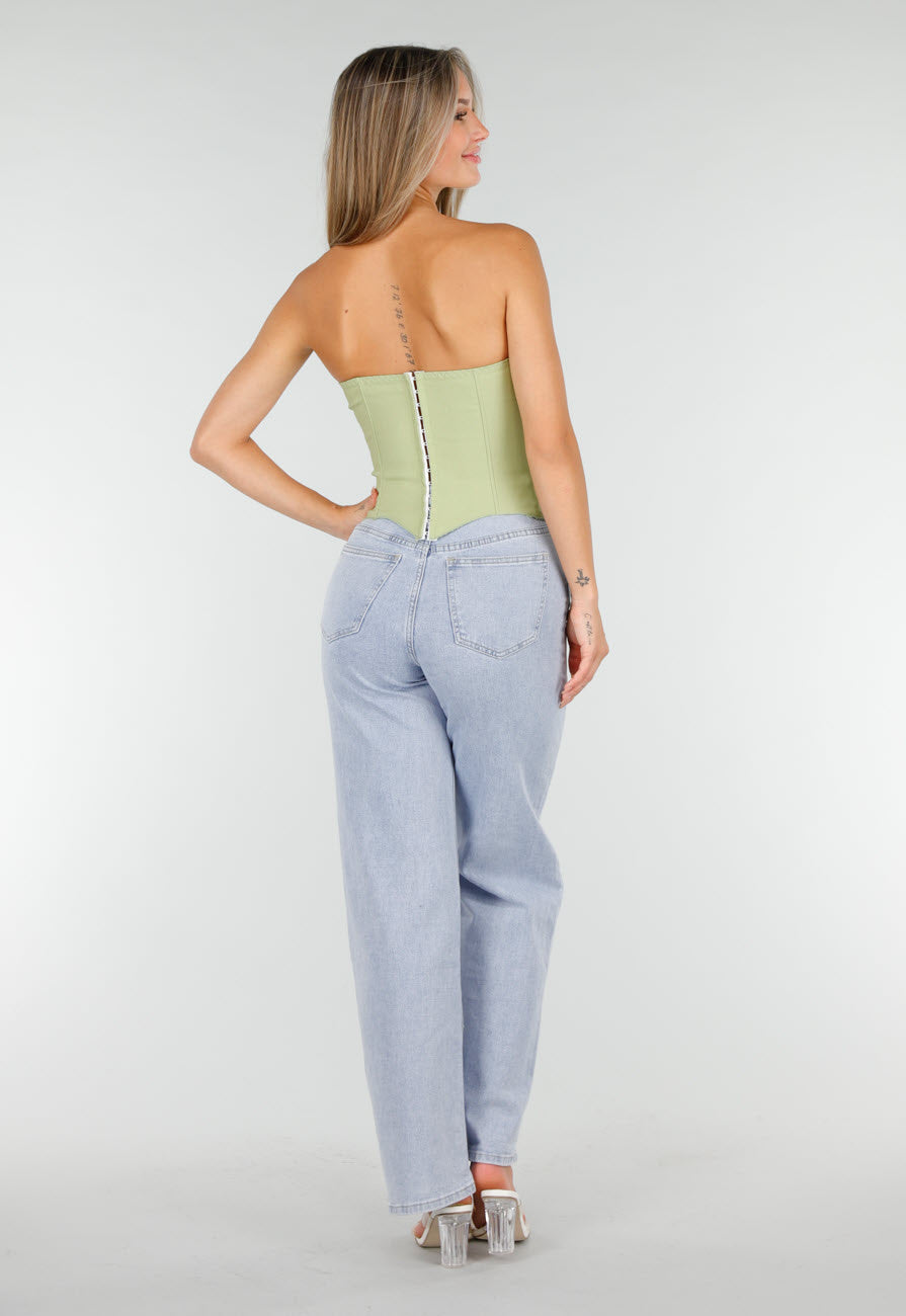 Groen Strapless Korset met Satijnen Veters