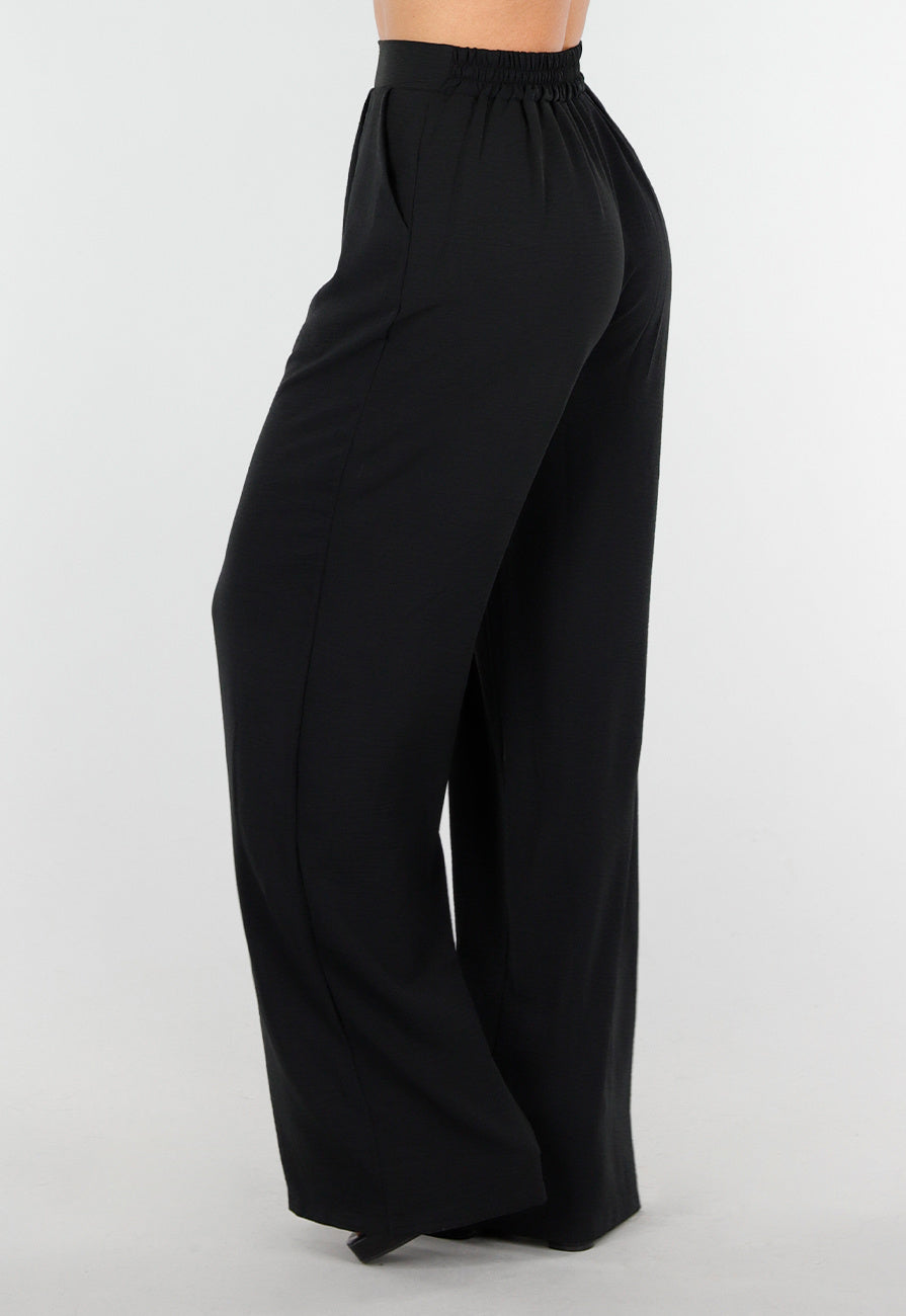 High Waist Zwarte Linnen Look Broek met Tailleband
