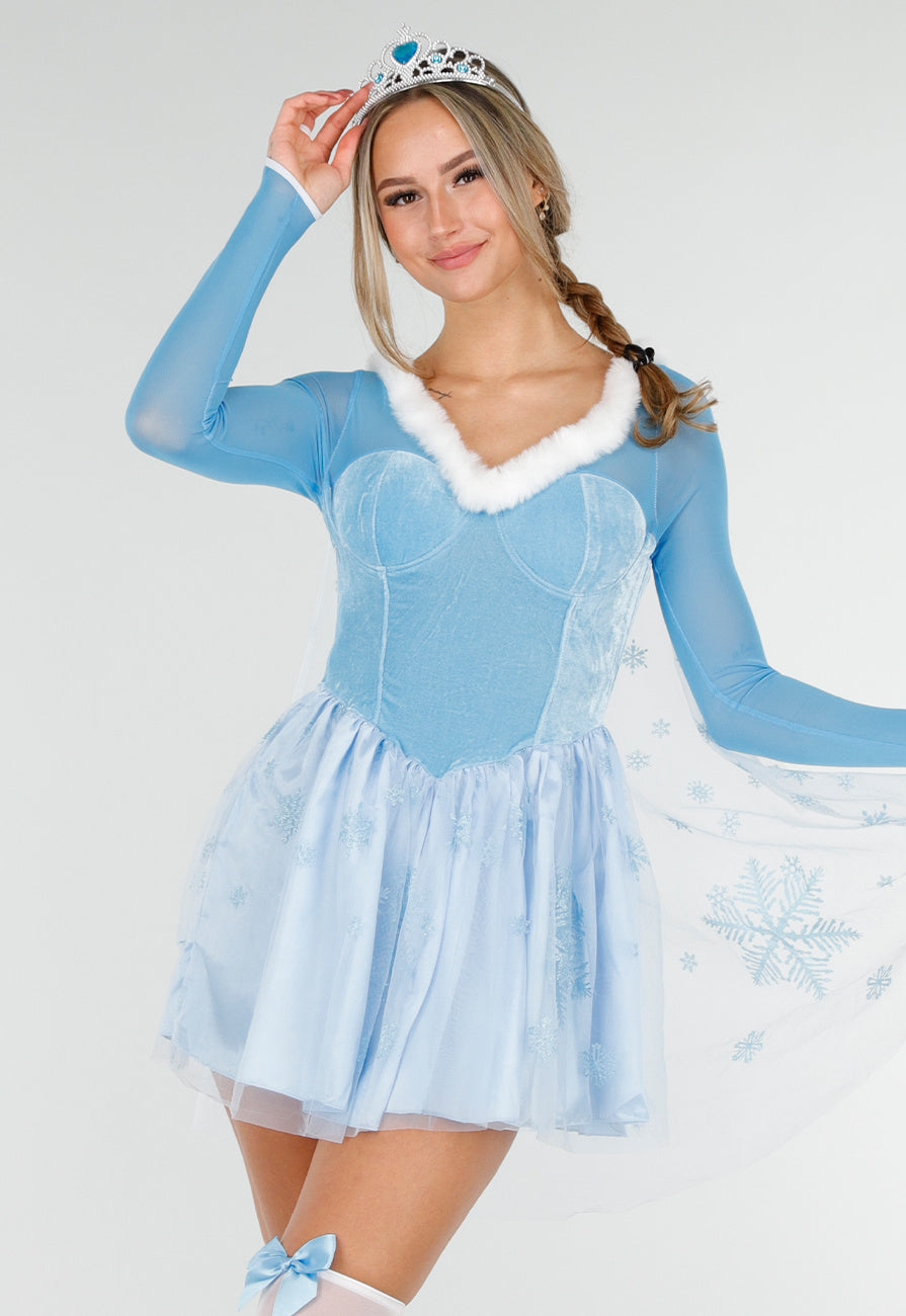 IJsprinses Kostuum met Blauw Jurkje Sneeuwvlokken Cape en Stretch