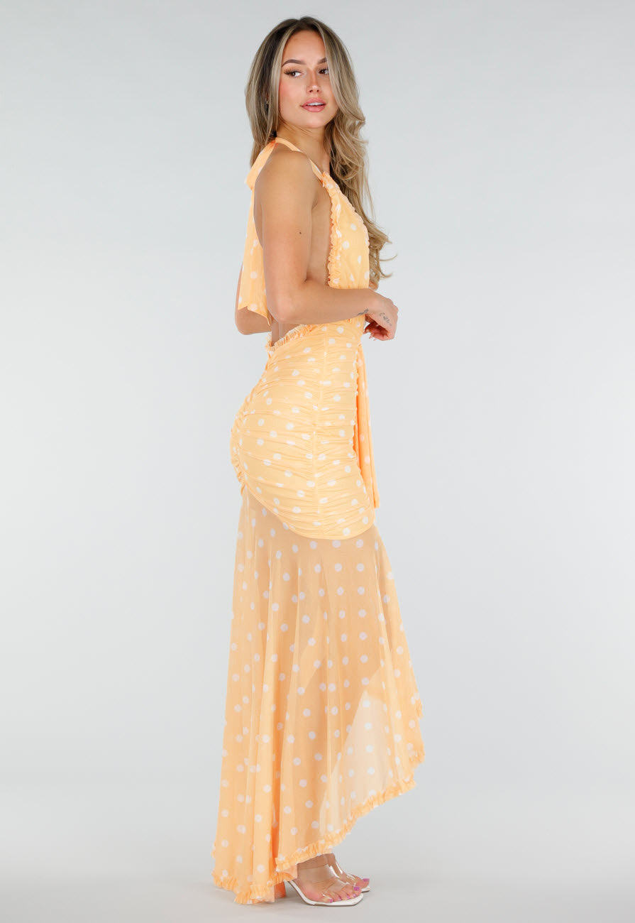 Butter Yellow Halter Maxi Jurk met Polkadot Print, Stretch en Mesh