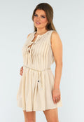 Geplooid Beige Jurkje met Striksluiting  en Losse Fit