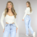 Beige Rib Longsleeve Top met Korset Detail