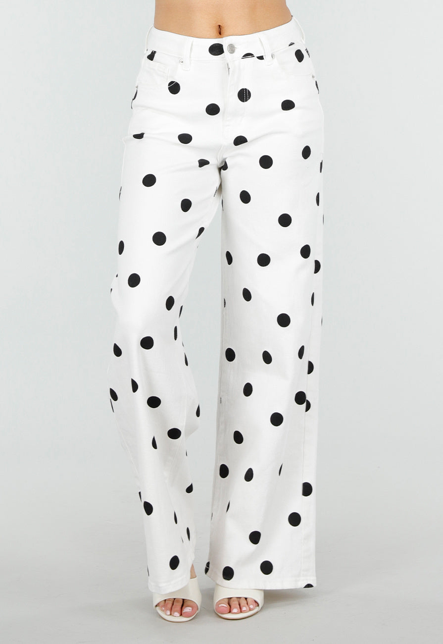 Witte Denim Wide Leg Jeans met Zwarte Stippen Print