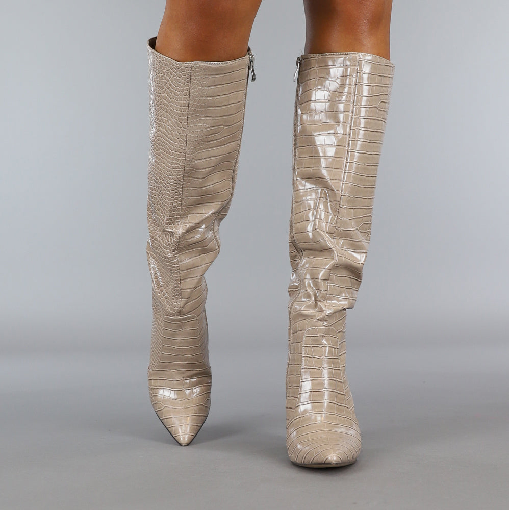 Khaki Croco Laars met Spitse Neus