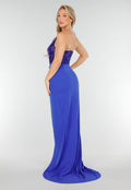 Blauwe Avondjurk met Pailletten Top en Hoge Split in Maxi Lengte