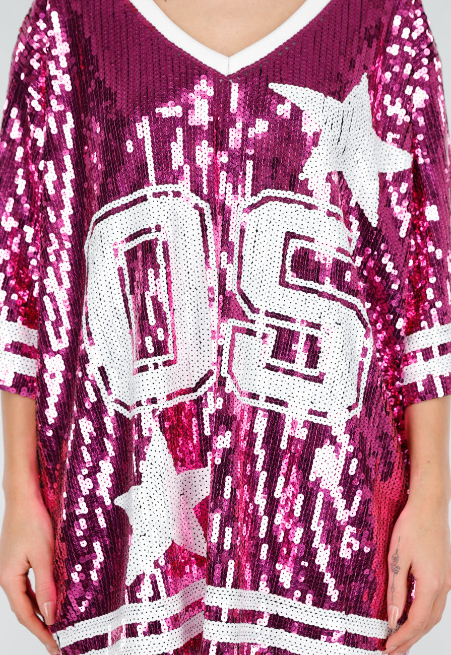 Roze Oversized Pailletten Jersey Top met V Hals