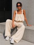 Beige Stretch Two Piece Set met Mouwloze Top en Wide Leg Broek