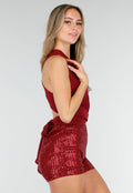 Bordeauxrode Pailletten Playsuit met Open Rug en Strikdetail