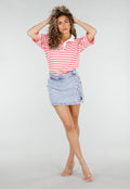 Lichtblauwe Denim Mini Skort met Overslag en Rij Knopen