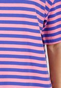 Blauw Roze Gestreept T-shirt met Korte Mouwen en Ronde Hals