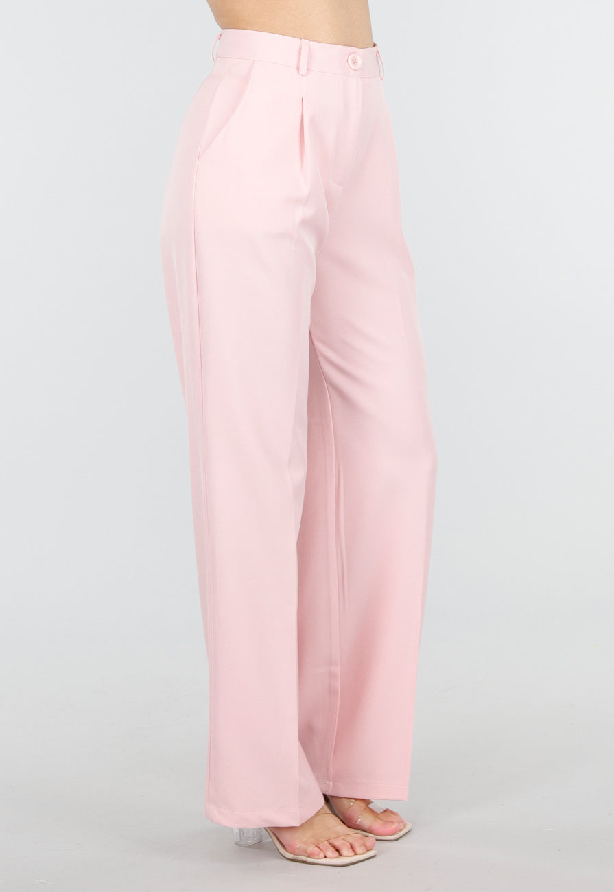 Lichtroze Wide Leg Pantalon met Plooien