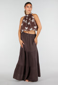 Bruine Mousseline Maxi Rok met Elastische Taille