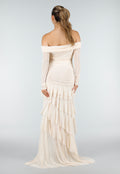 Beige Off Shoulder Mesh Jurk met Asymmetrische Zoom
