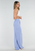 Lichtblauwe Linnenlook Tall Wide Leg Pantalon met Hoge Taille en Plooien