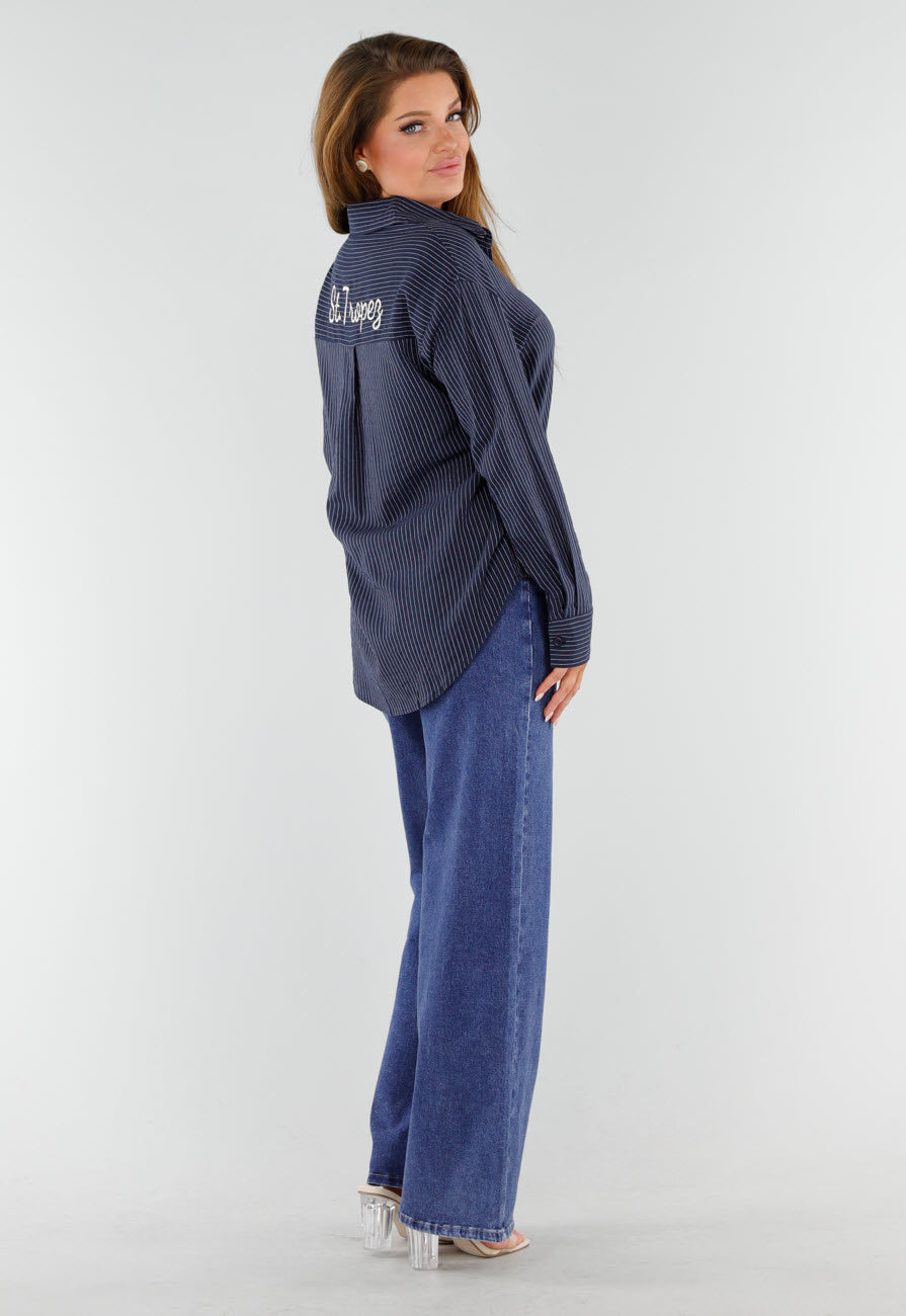 Blauwe Gestreepte Blouse met St. Tropez Borduursel Achterop