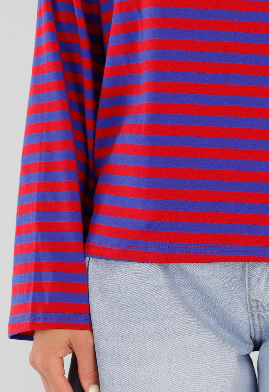 Rood Blauwe Gestreepte Top met Lange Mouwen en Ronde Hals