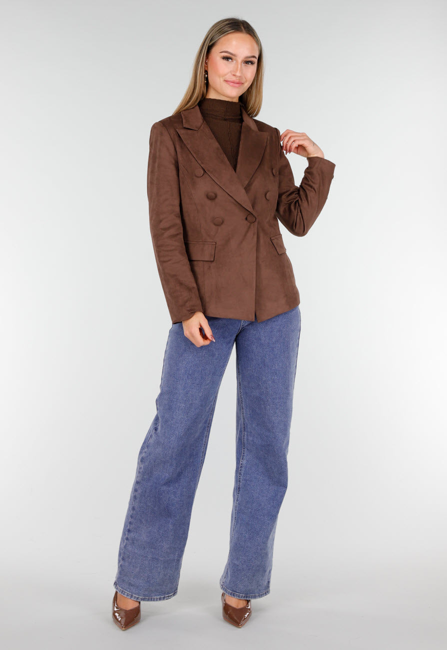Bruine Stretch Suede Double Breasted Blazer