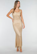 Nude Lange Glitter Jurk met Strass Steentjes en  Stretch