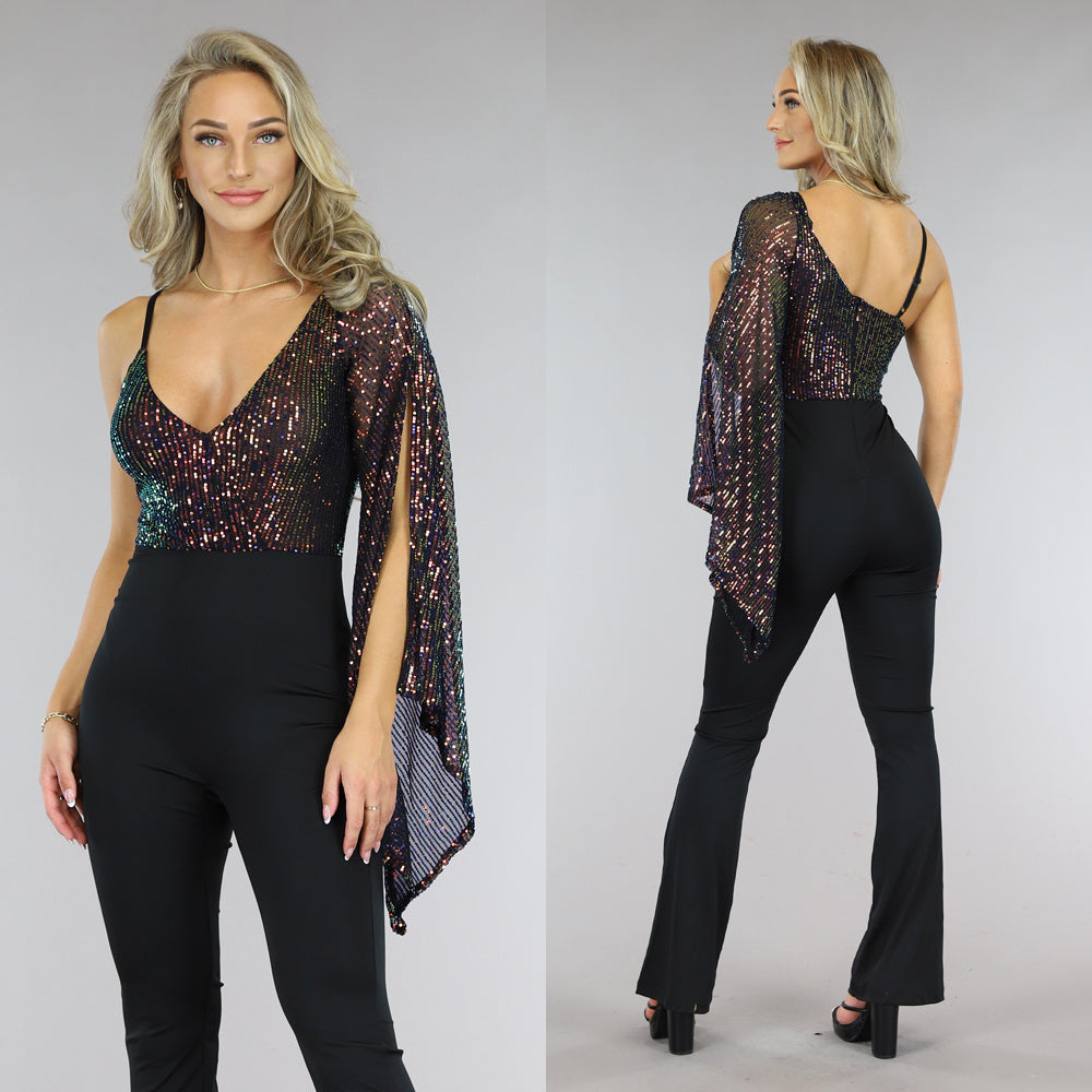 Asymmetrische One Sleeve Pailletten Jumpsuit
