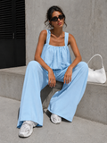 Lichtblauwe Stretch Two Piece Set met Mouwloze Top en Wide Leg Broek