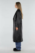 Zwarte Lange Lederlook Trenchcoat met Ceintuur en Revers