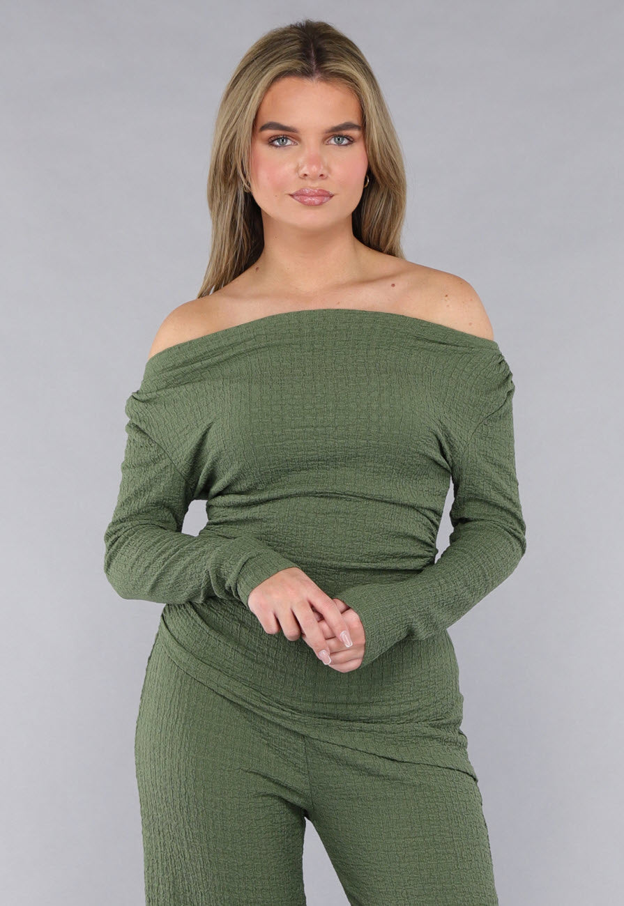 Khaki Twin Set in Gesmokte Stof