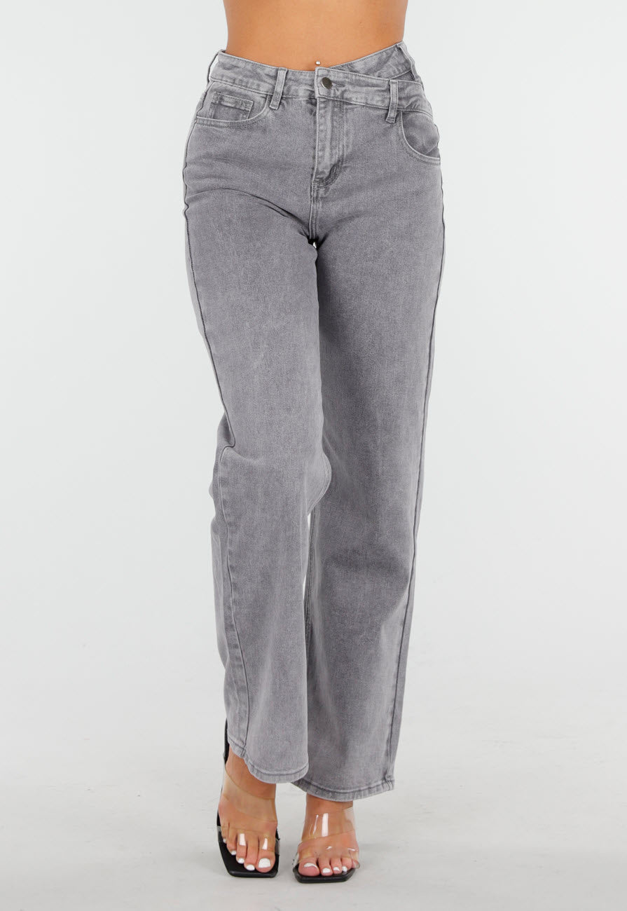 Grijze High Waist Straight Jeans met Licht Gewassen Look
