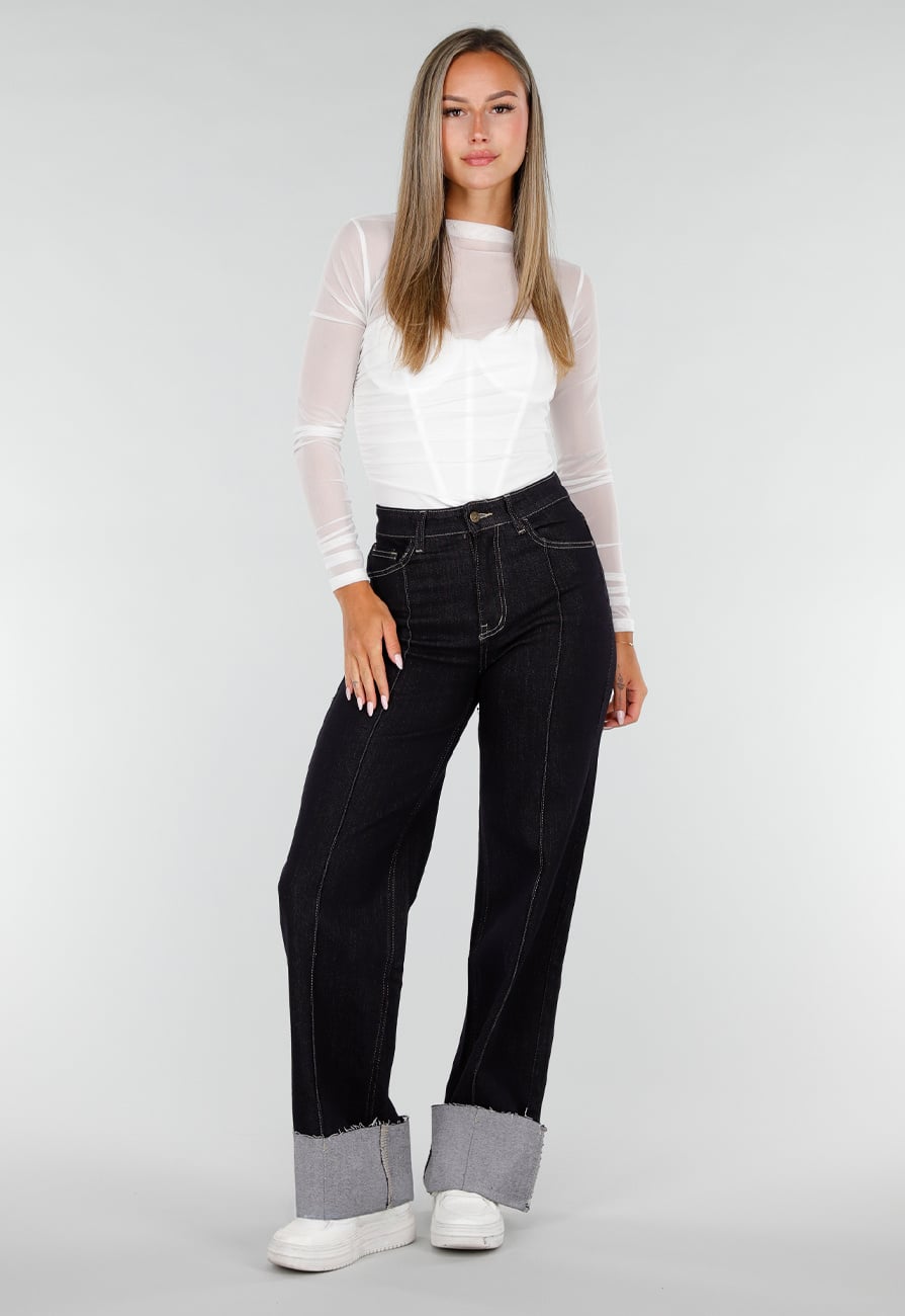 Donkerblauwe Denim Stretch Jeans met Straight Leg en Brede Omslag