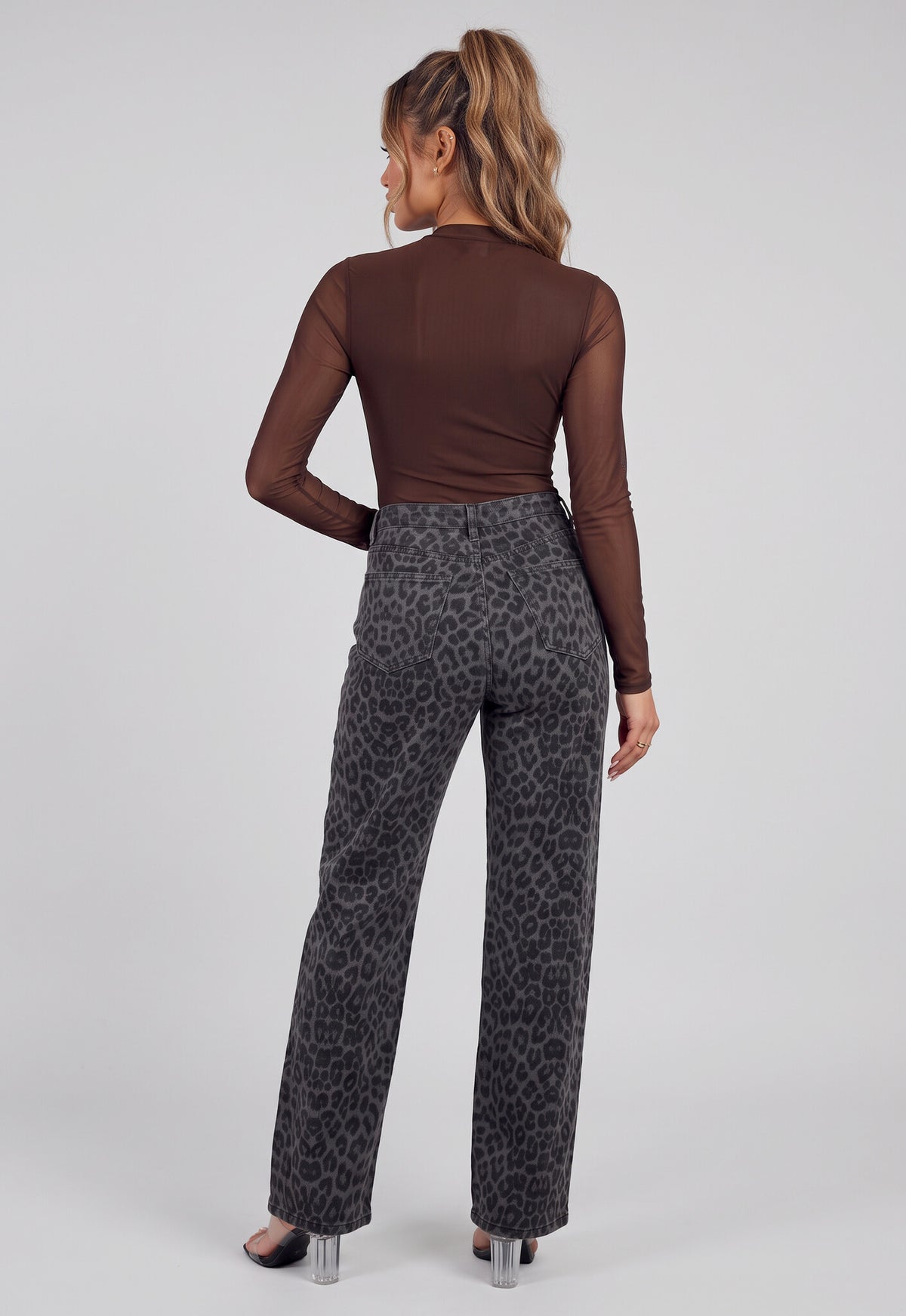 Bruine Mesh Body met Lange Mouwen en Gedrapeerde Hoge Hals
