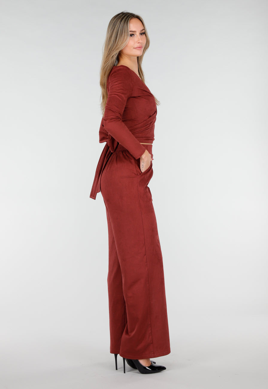 Rode Suede Pantalon met Stretch Taille