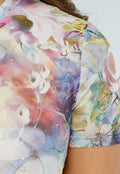 Mesh Bodysuit met Korte Mouwen en Pastelkleurige Bloemenprint in Zachte Tinten