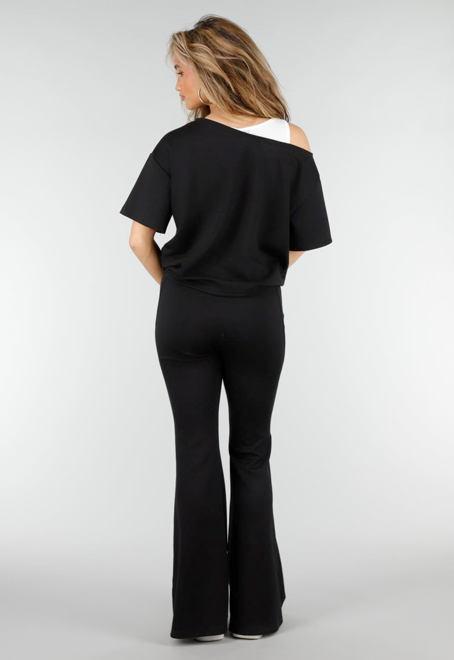 Zwarte Joggingbroek met Flared Pijpen en Elastische Taille