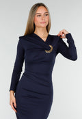Navy Midi Jurk met Lange Mouwen en Goudkleurige Ringdetail