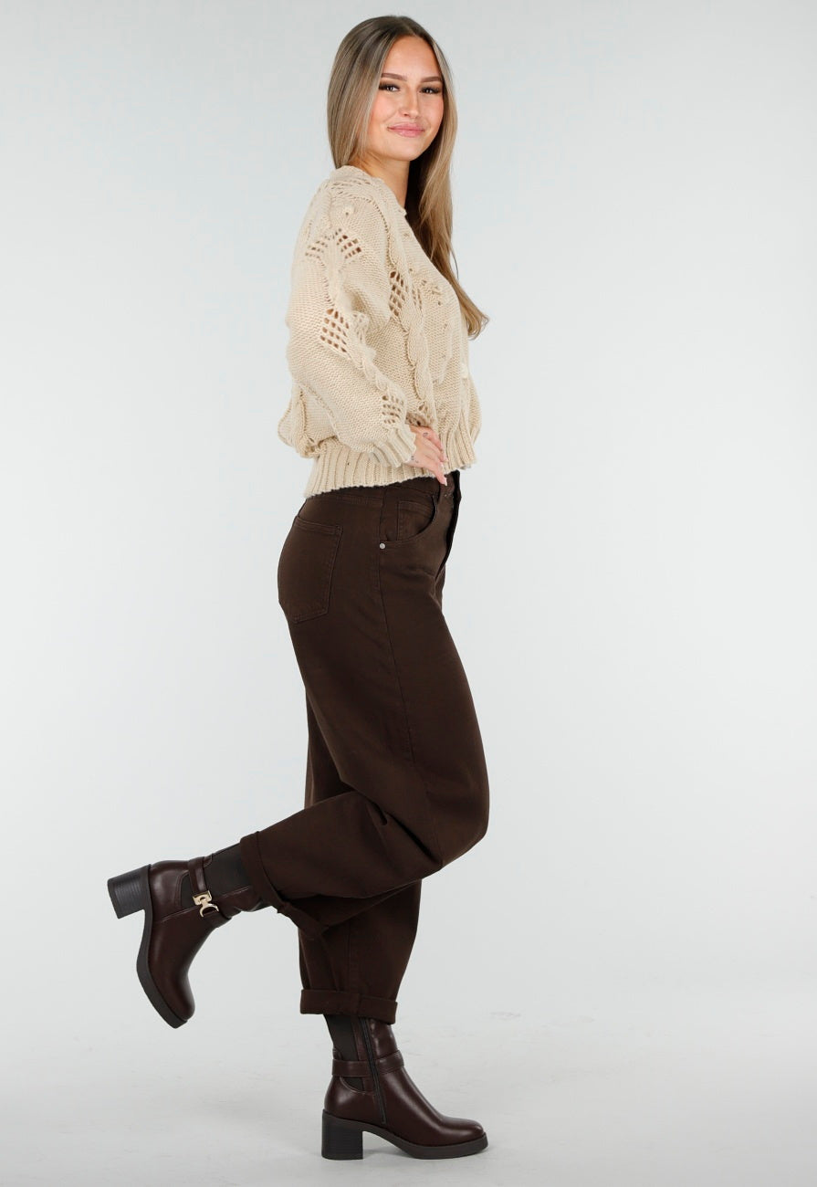 Vest met V-Hals en Lange Mouwen in Beige