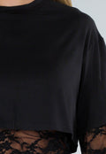 Zwarte Crop Top met Lange Kanten Mouwen en Kanten Taille