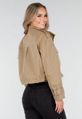 Beige Cropped Jas met Grote Zakken en Rechte Pasvorm