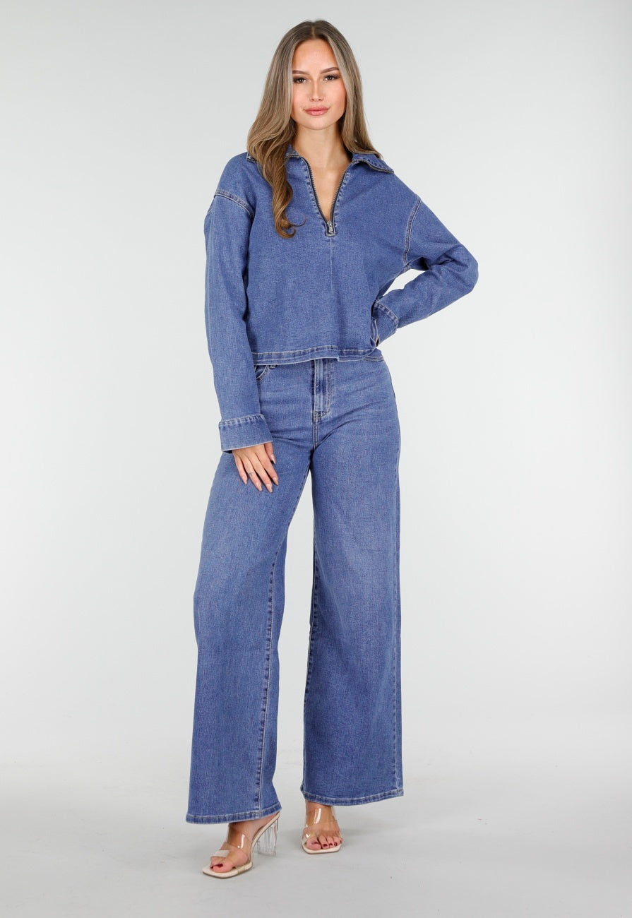 Redial Jeans  Denim Top met Halve Rits en Opstaande Kraag in Blauw