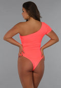 Neon Coral Bodysuit met One Shoulder