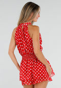 Rode Polkadot Playsuit met Halterhals en Volant