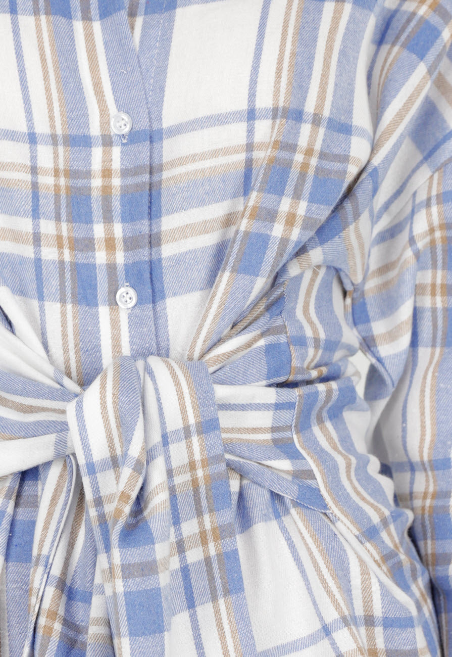 Blauw Geruite Blouse Jurk met Strikmouwen