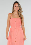 Coral Roze Maxi Jurk met Smock en Strikbandjes