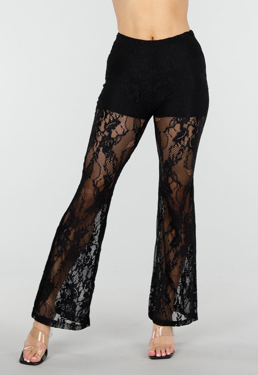 Petite Zwarte Kant Flared Broek met Stretch en Binnenbroekje