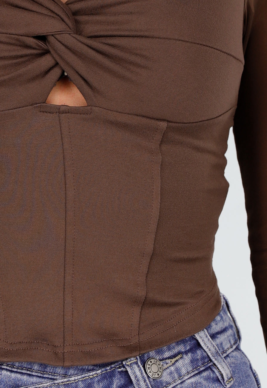 Bruine Crop Top met Gedraaide Voorzijde