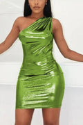 Metallic Groene Jurk met One Shoulder