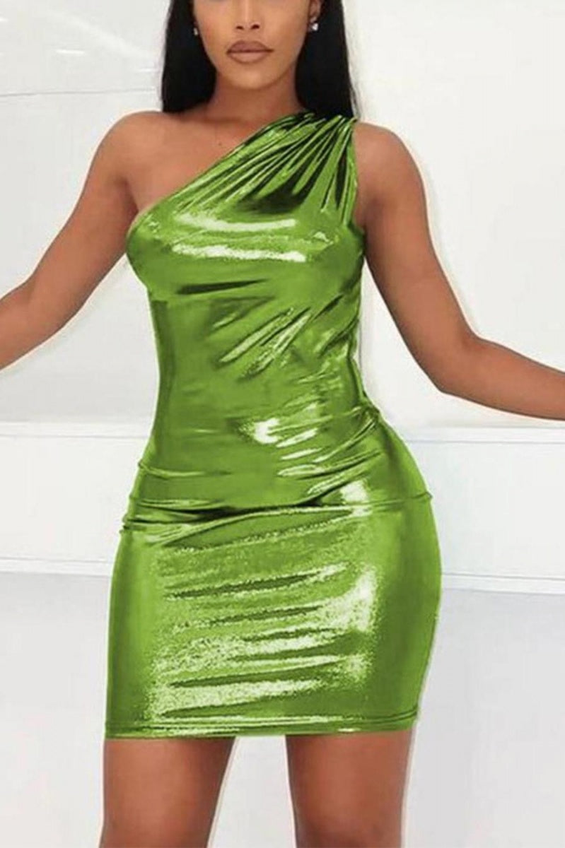 Metallic Groene Jurk met One Shoulder